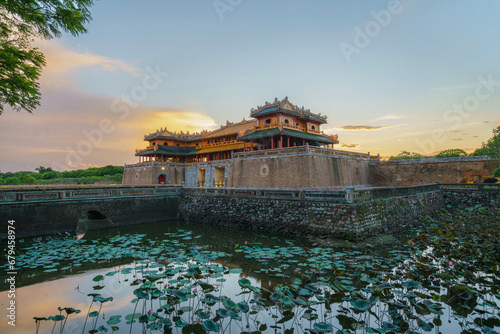 Ngo Mon gate - the main entrance of Hue Imperial City in Hue city, Vietnam, during sunset time. The World Heritage Site and famous travel destination