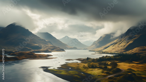 The dramatic landscapes of the Scottish Highlands, featuring rugged mountains and shimmering lochs, inspire photographers and stockphoto creator, travel place. Ai Generated.NO.04
