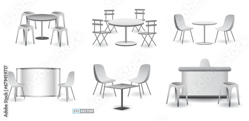 set of realistic trade exhibition chair and table or white blank exhibition kiosk or stand booth corporate commercial. 3D Render