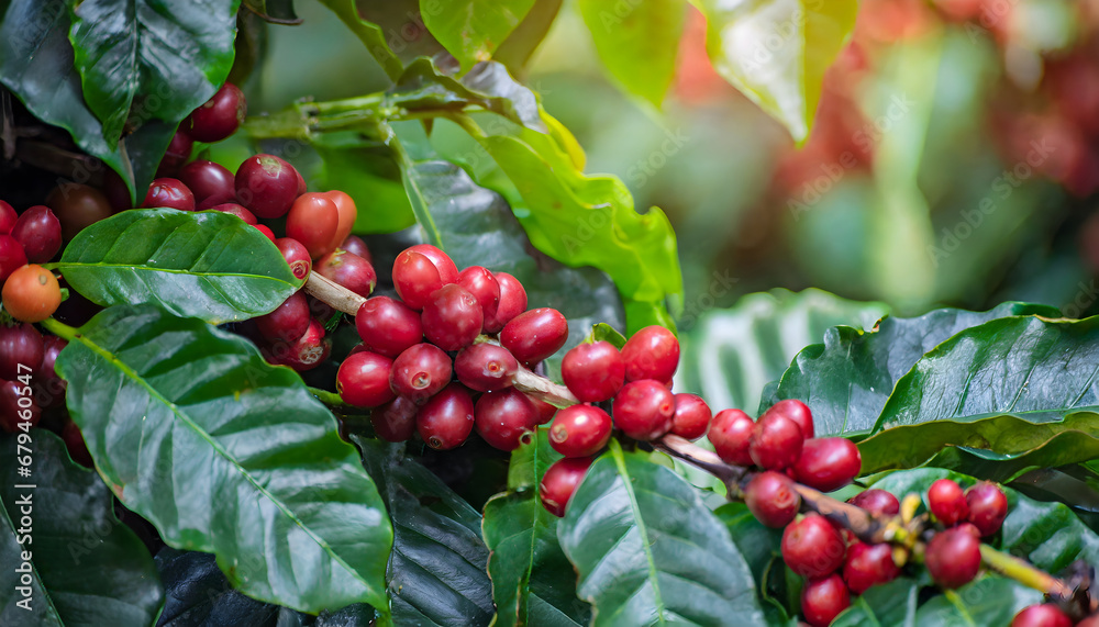 Ripe red coffee fruit covering the branches with green leaves.