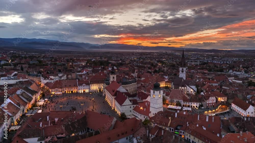 Aerial drone timelapse view of Sibiu at sunset, Romania