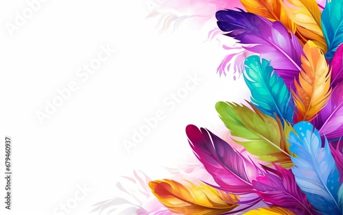 Happy Mardi Gras poster. A banner template with colourful feathers and pink shadows isolated on white background  copy space at the left. Costume party flyer for carnivals. AI Generative