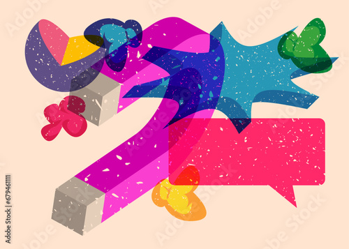 Risograph magnet with speech bubble and geometric shapes. Horseshoe Magnet with objects in trendy riso graph print texture style design with geometry elements.