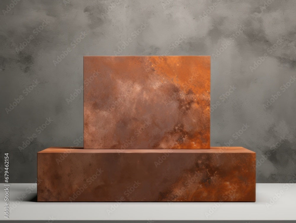 Podium Stage Display Mockup. Minimal mockup for product showcase banner. Modern promotion. Geometric shape background with empty space. Intense rust color and grey.