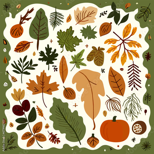 collection of autumn-themed illustrations, including various leaves, acorns, and pumpkins in warm fall colors. 