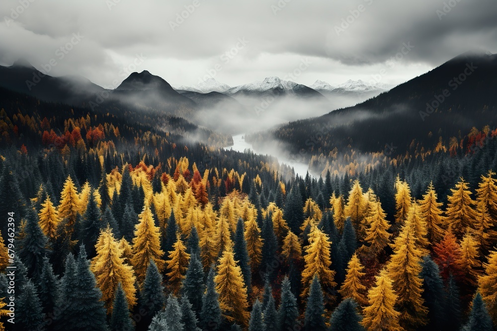 Obraz premium Aerial high-top view of autumn colorful trees above the forest, Yellow, red, and green nature