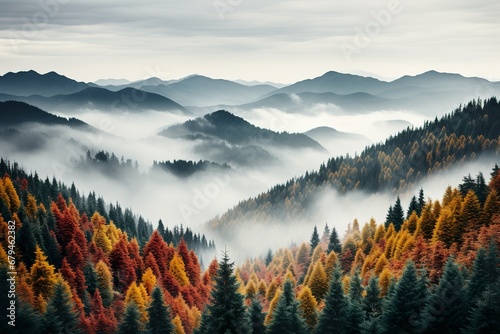 Aerial high-top view of autumn colorful trees above the forest, Yellow, red, and green nature © JetHuynh