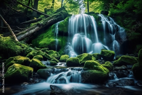 Beautiful waterfall in the green forest Long exposure photography