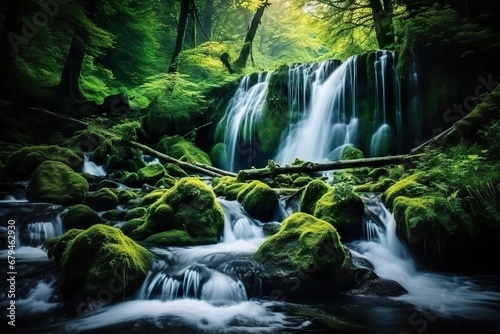 Beautiful waterfall in the green forest Long exposure photography