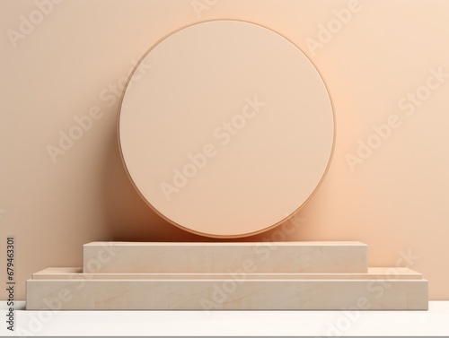 platform Podium Display Mockup. Minimal mockup for product showcase banner. Modern promotion. Geometric shape background with empty space. Beige color.