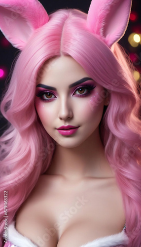 Fashion portrait of a beautiful girl with pink hair and bright makeup