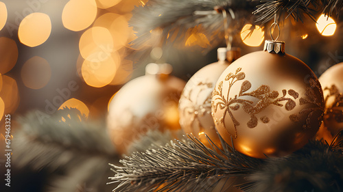 christmas tree with golden decoration, in the style of light leaks, vintage aesthetics, fujifilm pro 400h, light yellow and dark brown, luminous spheres, close up, sony alpha a7 iii  photo