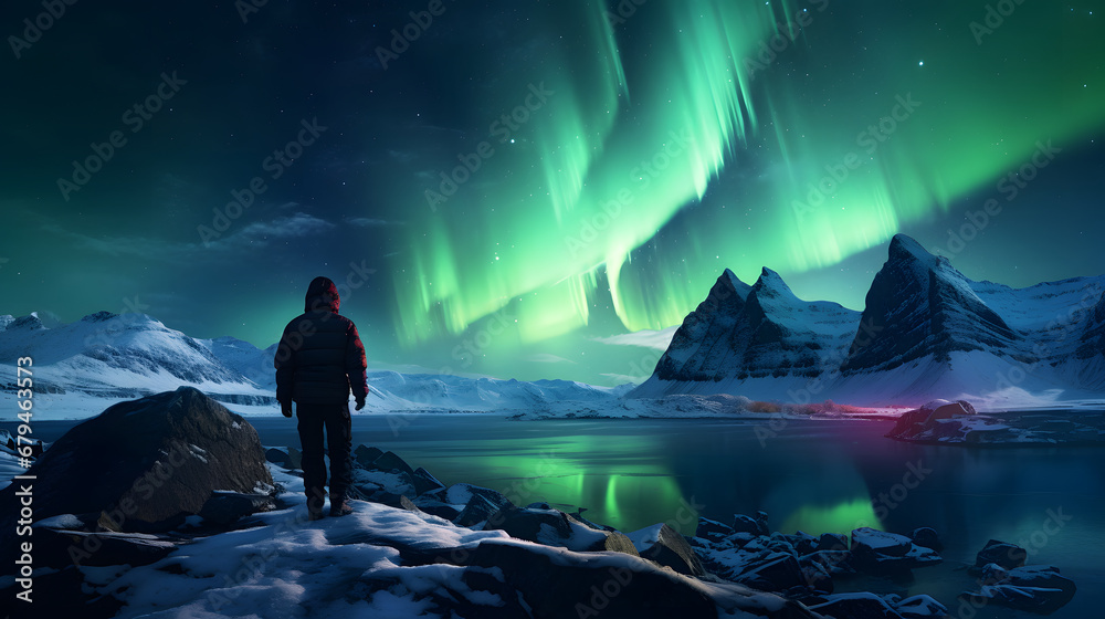 Dramatic shot of a hiker admiring the Northern Lights in Iceland, showcasing the mesmerizing natural phenomenon, travel place. Ai Generated.NO.03