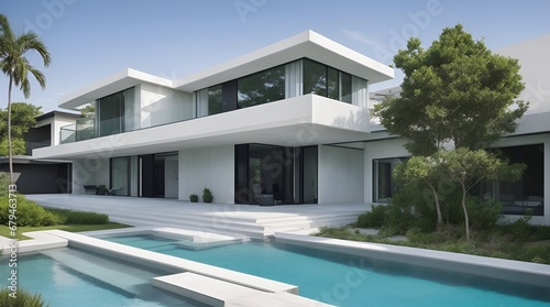 White modern house with luxurious pool