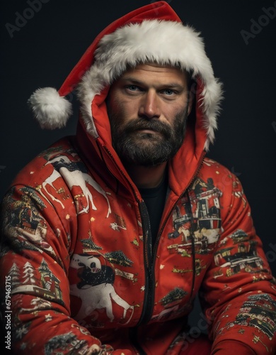 Portrait of a handsome man with a beard in a red jacket and Santa Claus hat on a dark background