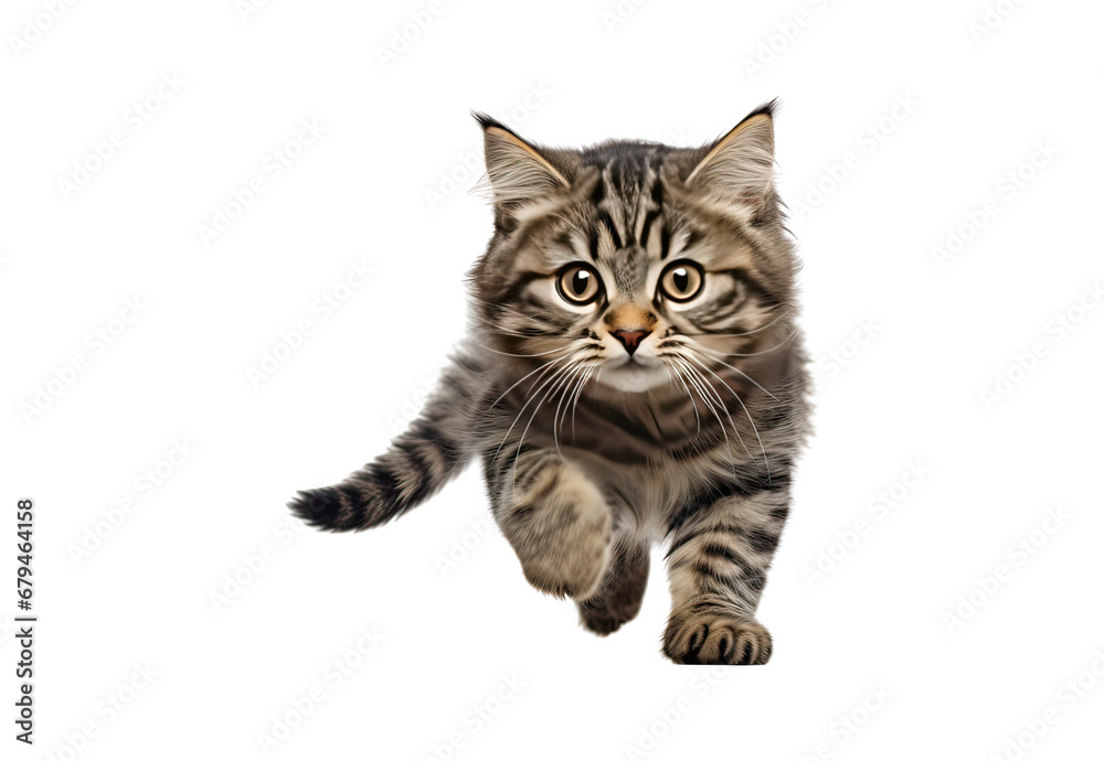 Cat running No shadows, highest details, sharpness throughout the image, highest resolution, lifelike, white background