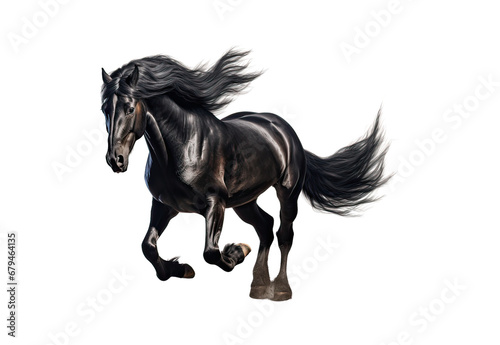 Dark horse running No shadows, highest details, sharpness throughout the image, highest resolution, lifelike, white background
