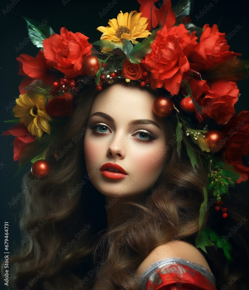 Beautiful young woman with a wreath of flowers on her head