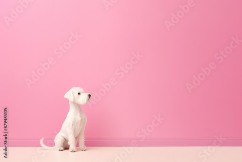 Cute dog against pink background with copy space  photo