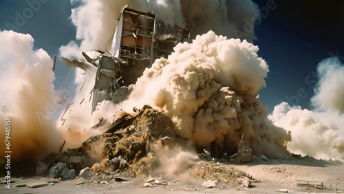 A controlled blast demolishing a towering smokestack, with plumes of dust and debris swirling into the air.