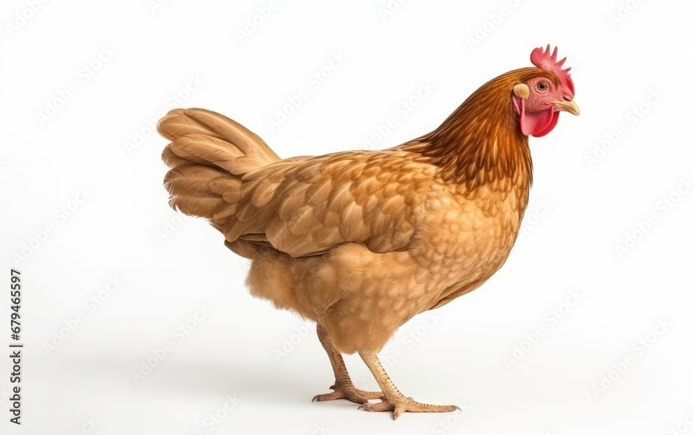Brown chicken, hen standing isolated white background use for farm animals
