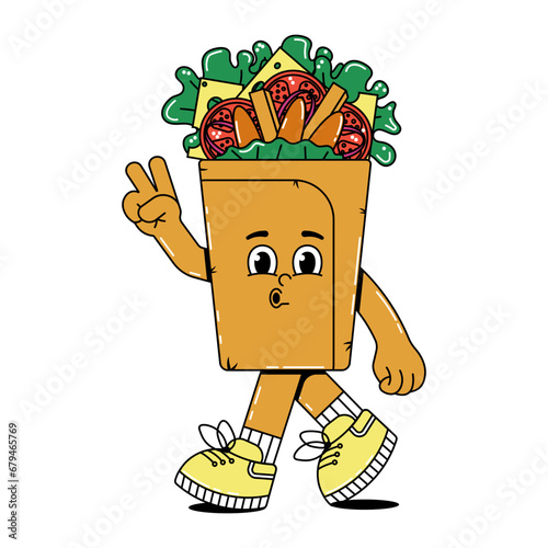 Retro groovy cartoon character fast food shawarma, burrito. Vintage mascot with psychedelic smile and emotion. Funky vector illustration