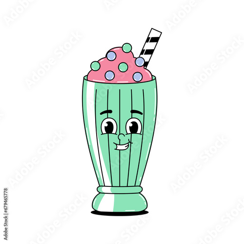 Retro groovy cartoon character fast food milkshake. Vintage mascot with psychedelic smile and emotion. Funky vector illustration