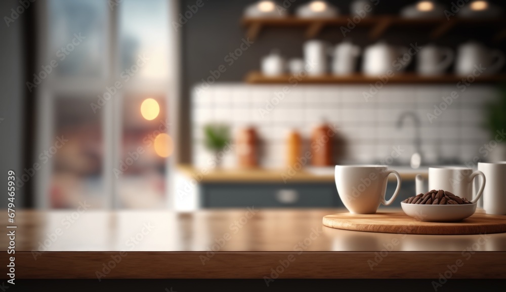 Kitchen interior table top mockup product with blurry background photography