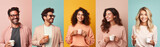 Collage Of People Portraits. women and men with coffee cup in hand on pastel background looking away to side with smile on face, natural expression. Laughing confident.