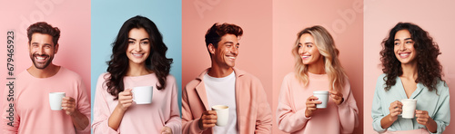 Collage Of People Portraits. women and men with coffee cup in hand on pastel background looking away to side with smile on face, natural expression. Laughing confident. photo