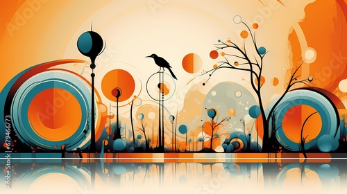 Abstract Autumn Landscape with Bird Silhouette