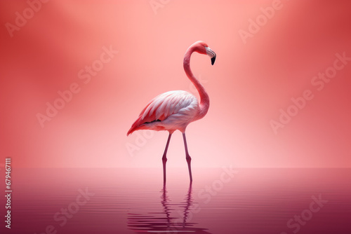 A Flamingo on a pink background with minimal retouching, showcasing a minimalistic and clean style with stylish and smooth surfaces. © Duka Mer