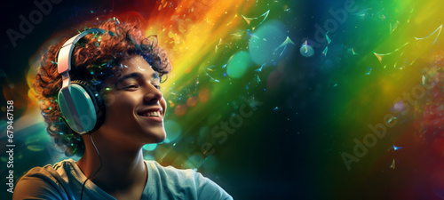A person wearing headphones against a colorful abstract background, ideal for music or technology-related projects.