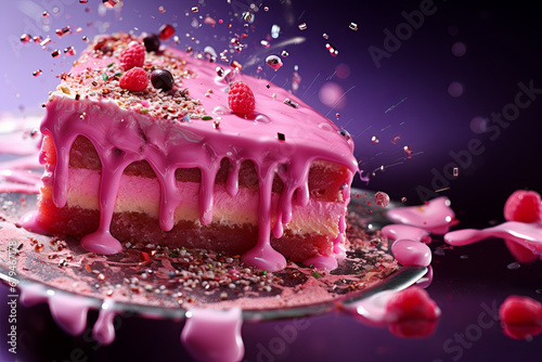 An image of a pink cake adorned with glitter and sprinkles, featuring macro zoom, bubble goth style, and a restrained palette with rim light. photo