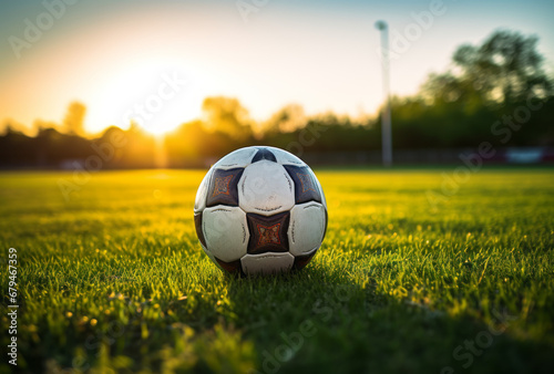 The football rests on the grass near sunset, capturing classic Americana vibes with lens flare and large canvas sizes. © Duka Mer