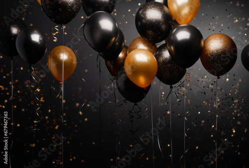 Several black balloons floating in the air against a colorful backdrop, featuring dark gold, bokeh, layered images, xmaspunk, kintsugi, meticulous photorealistic still lifes, and luxurious fabrics.