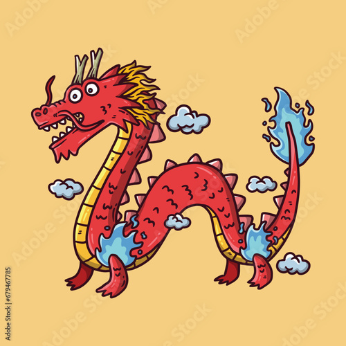 Cartoon mascot vector illustration of Red Dragon with blue flame. Dragon zodiac vector cartoon illustration