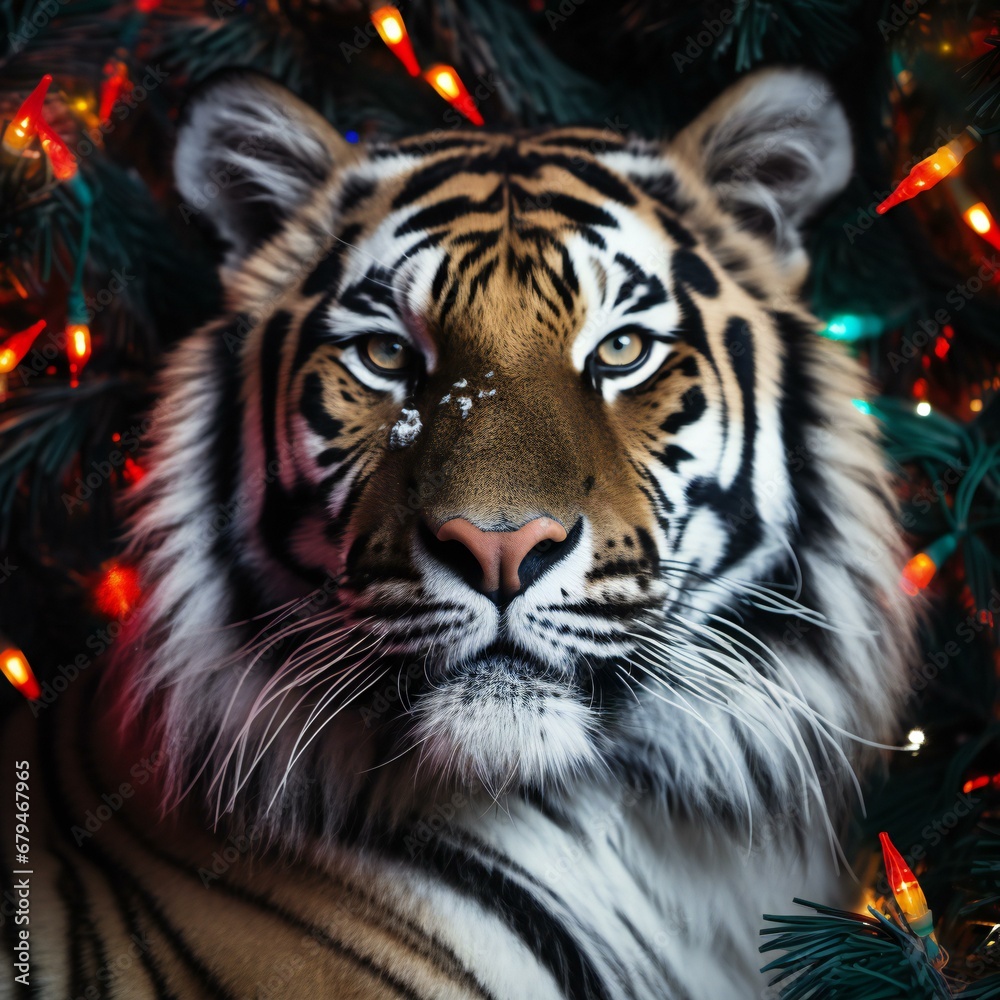Close-up portrait of a tiger with Christmas lights in the background
