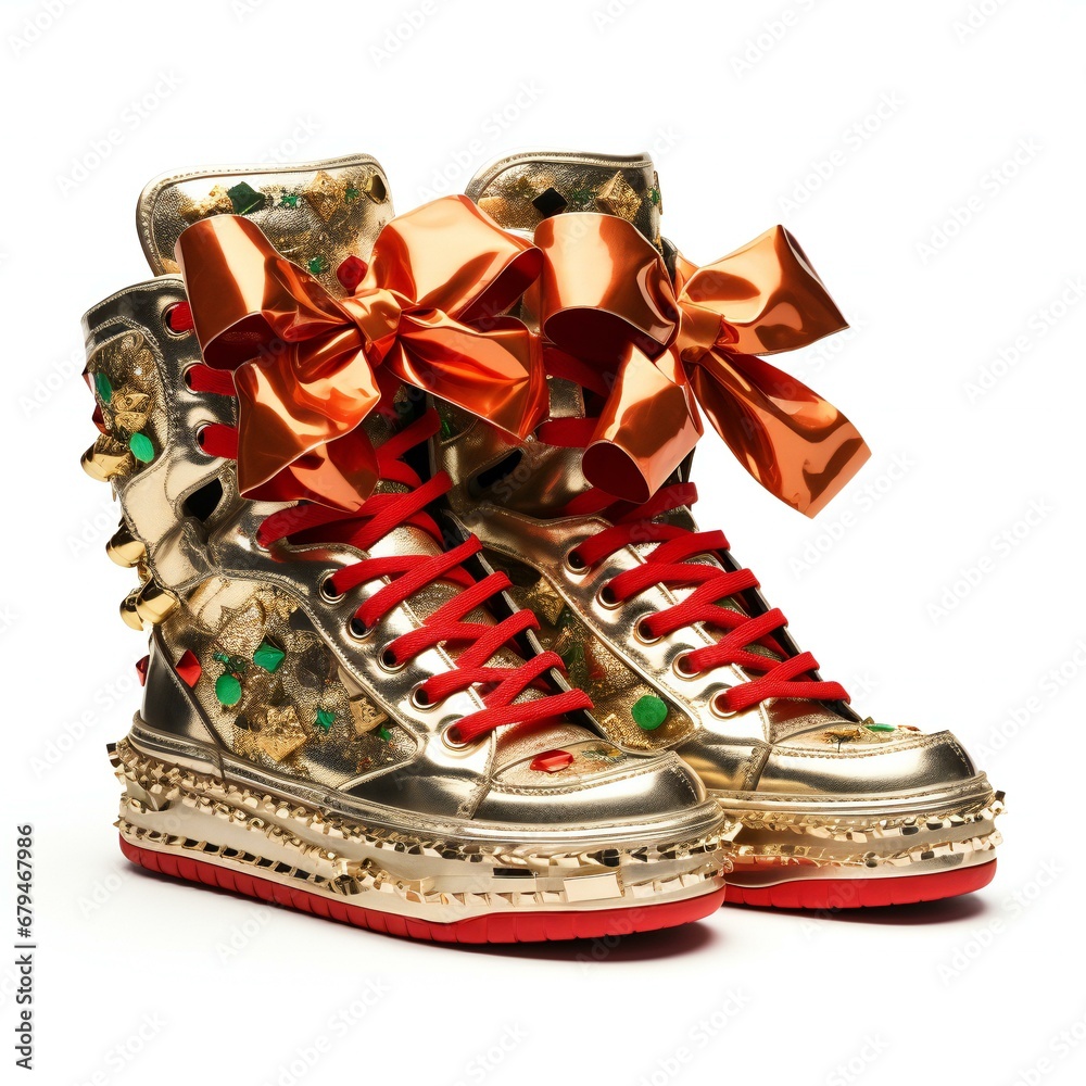 Christmas boots with a red bow on a white background,  Isolated