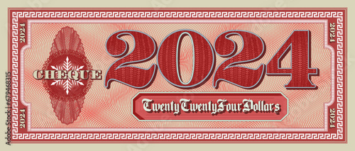 Vector sample red paper check of 2024 dollars. Bill with a frame and guilloche. Vintage cheque.