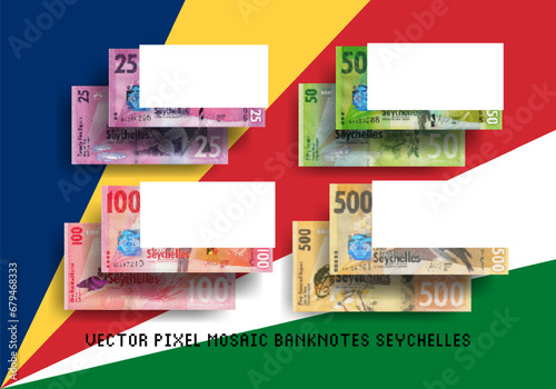 Vector set of pixel mosaic Seychelles banknotes. Collection of bills in denominations of 25, 50, 100 and 500 rupees. Play money or flyers.