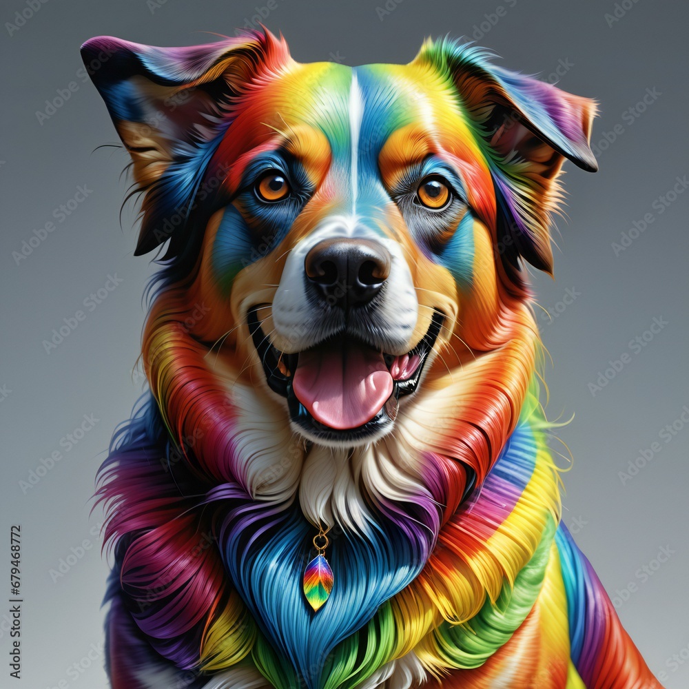 Portrait of a beautiful mixed breed dog with colorful rainbow hair