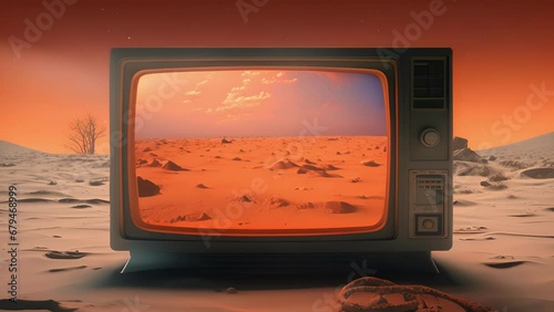 A beige and tanpanelled TV with retro s across the surface and a small orange on light. The screen has a hazy pixelated picture of an alien landscape filled with beeping photo