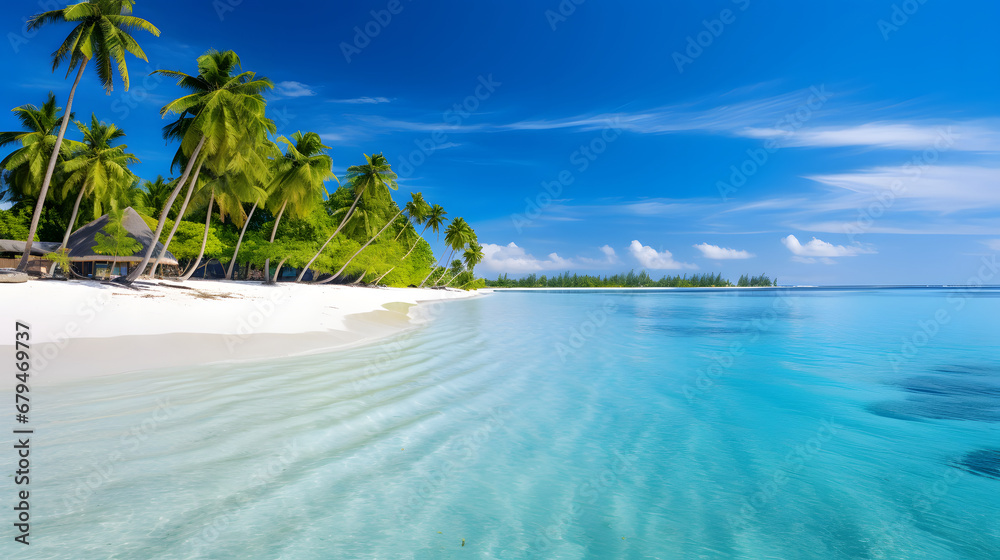 The tranquil beaches of the Maldives, with their crystal-clear waters and pristine sands, provide a picturesque setting, travel place. Ai Generated.NO.04