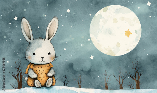 a cartoon of A Cute little rabbit sitting in the moon © Kei