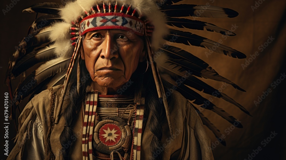 Obraz premium Regal Native chief in traditional headdress emanating authority and seriousness.