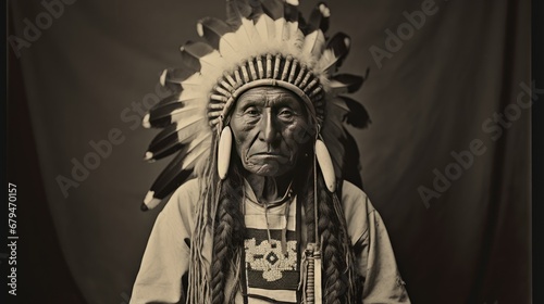 Regal Native chief in traditional headdress emanating authority and seriousness.