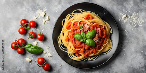 spaghetti pasta in black plate on dark background. italian food.