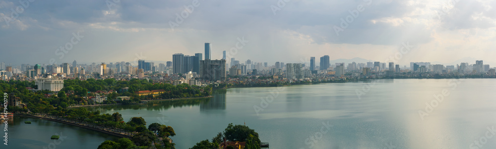 Hanoi cityscape with skyline view during sunset period at West Lake ( Ho Tay ) in 2020