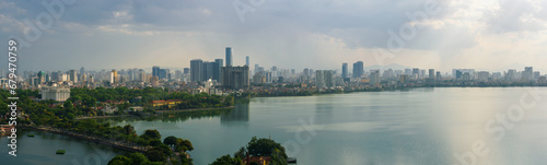 Hanoi cityscape with skyline view during sunset period at West Lake ( Ho Tay ) in 2020